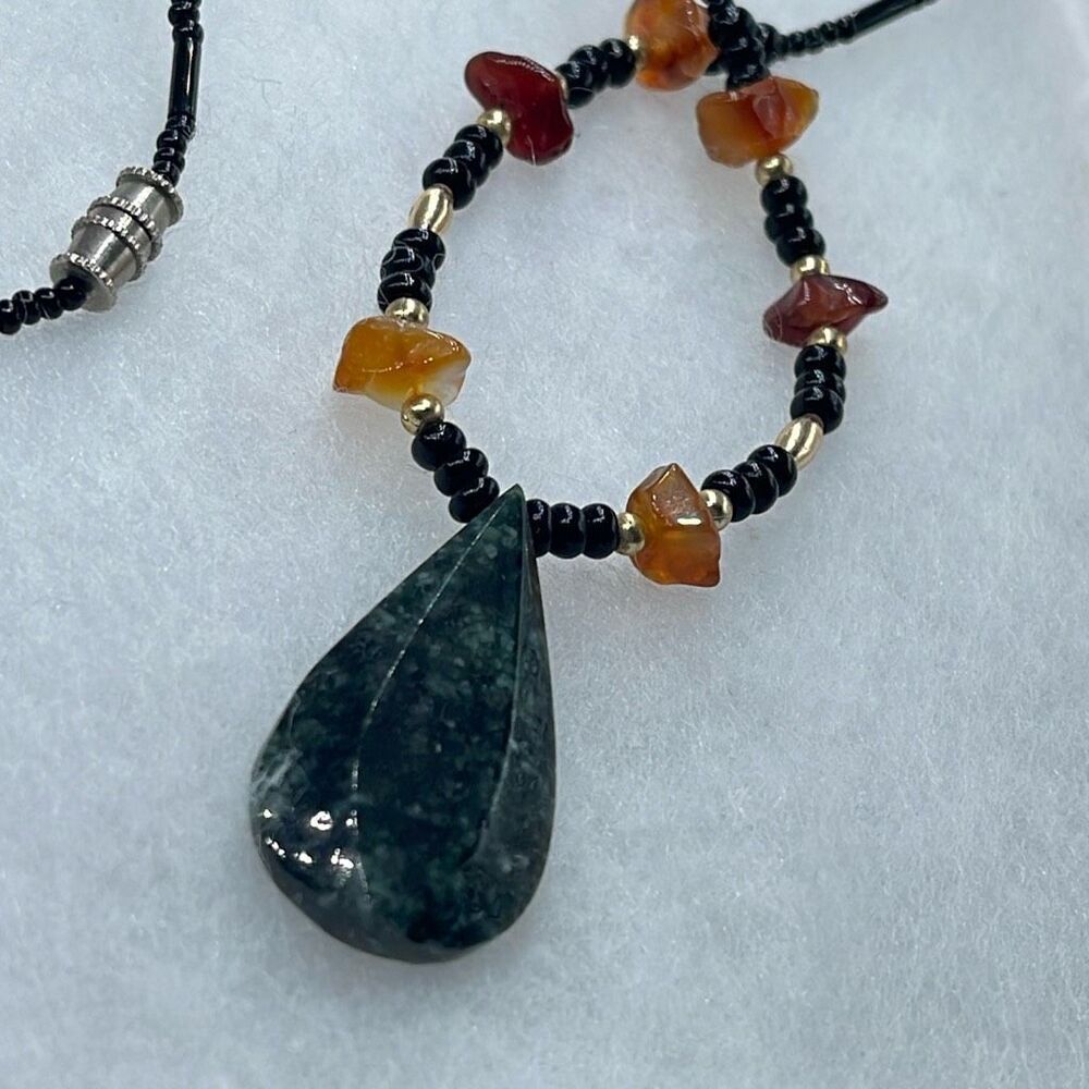 Artisan handmade large teardrop Guatemala Green Jaguar Jade raw Amber chip neckl